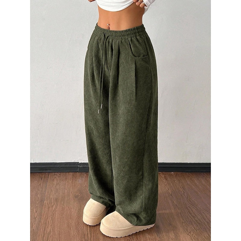 Women's Corduroy Wide Leg Trousers with Drawstring Waist