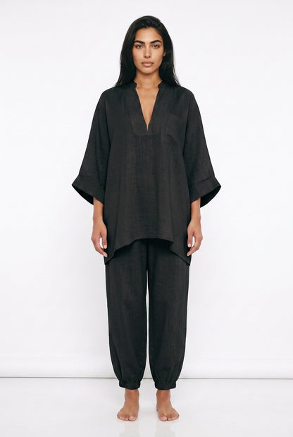 Women's Linen Co-ord Set – Oversized V-Neck Top & Tapered Trousers