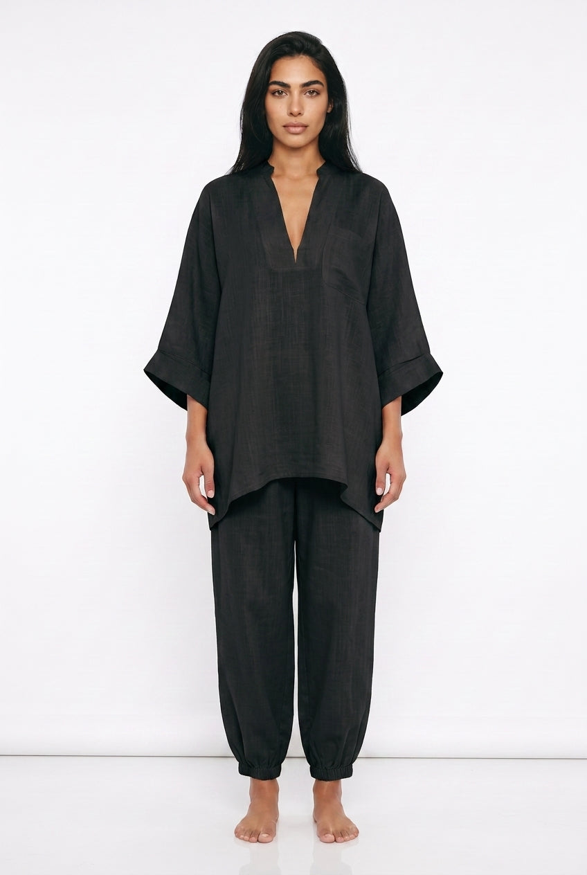 Women's Linen Co-ord Set – Oversized V-Neck Top & Tapered Trousers