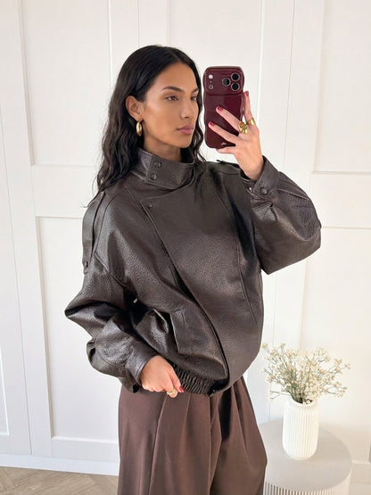 Brown Oversized Leather Bomber Jacket Women | Faux Leather Collar