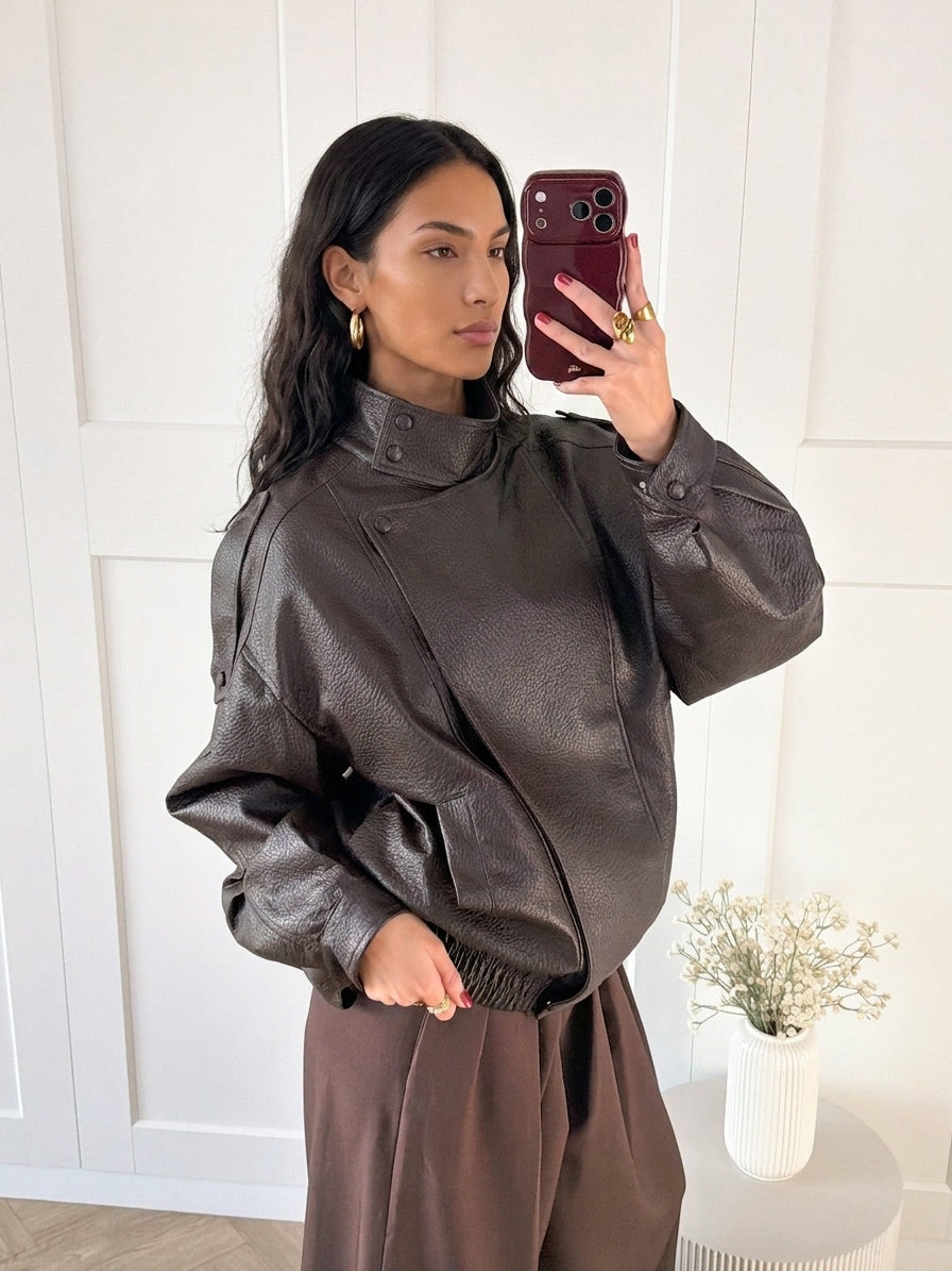 Brown Oversized Leather Bomber Jacket Women | Faux Leather Collar