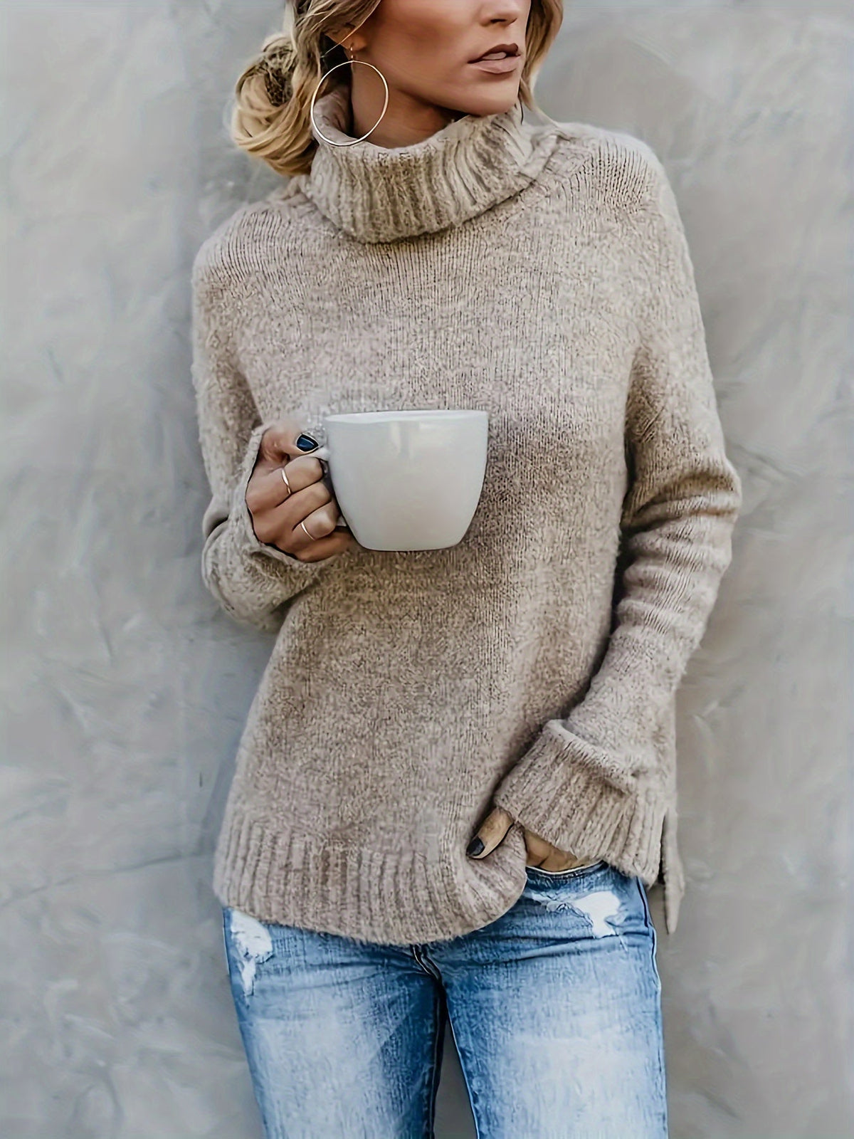 Women's Cowl Turtleneck Jumper – Split Hem Knit Sweater