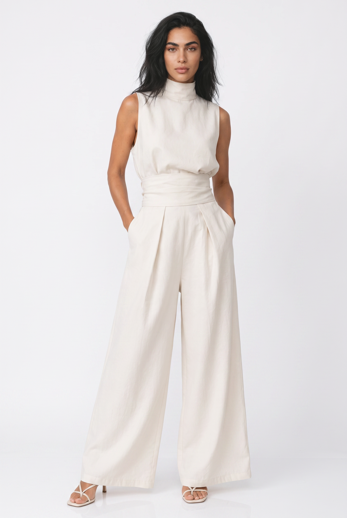 Women's Wide Leg Jumpsuit – Sleeveless High Neck Linen Jumpsuit