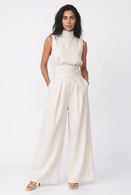 Women's Wide Leg Jumpsuit – Sleeveless High Neck Linen Jumpsuit