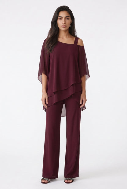 Women's Chiffon Trouser Suit – Layered Top & Wide Leg Trousers