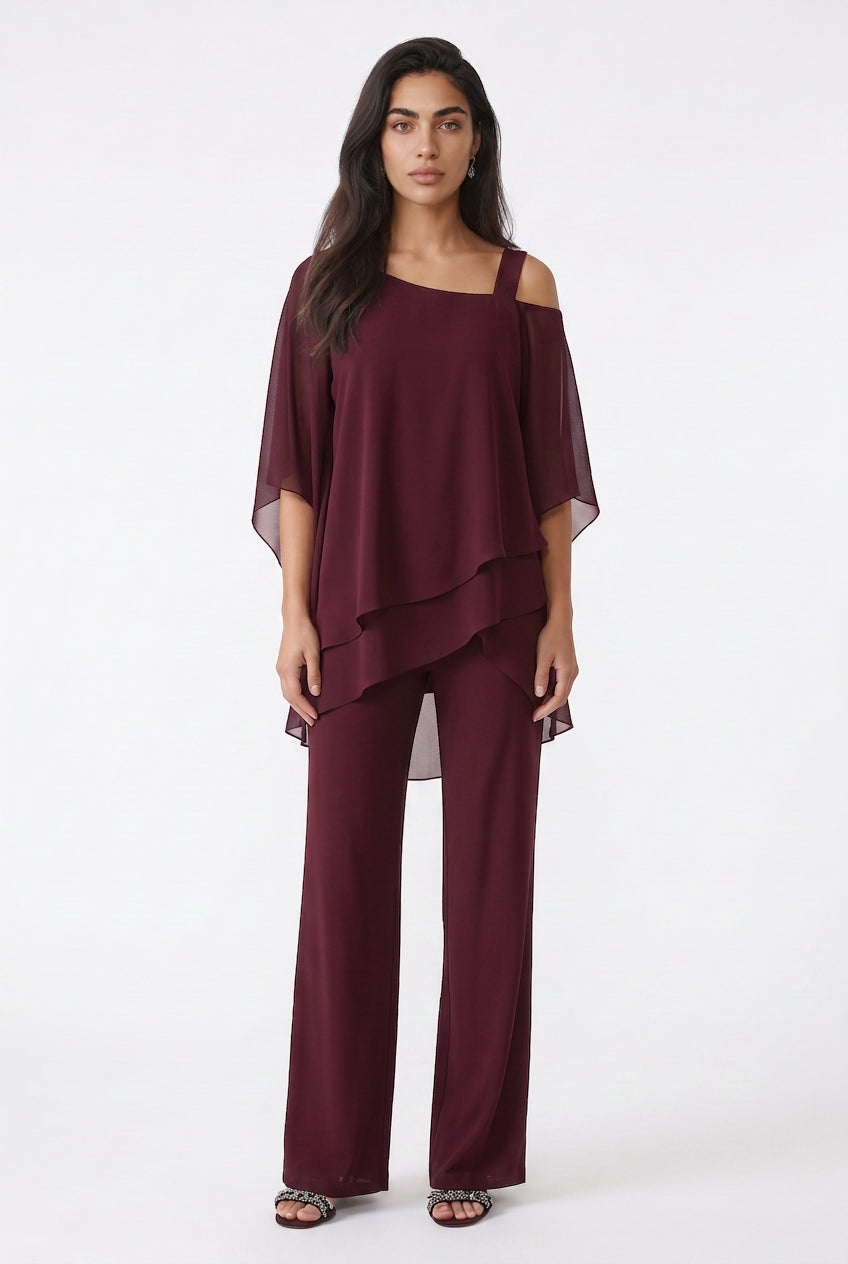 Women's Chiffon Trouser Suit – Layered Top & Wide Leg Trousers