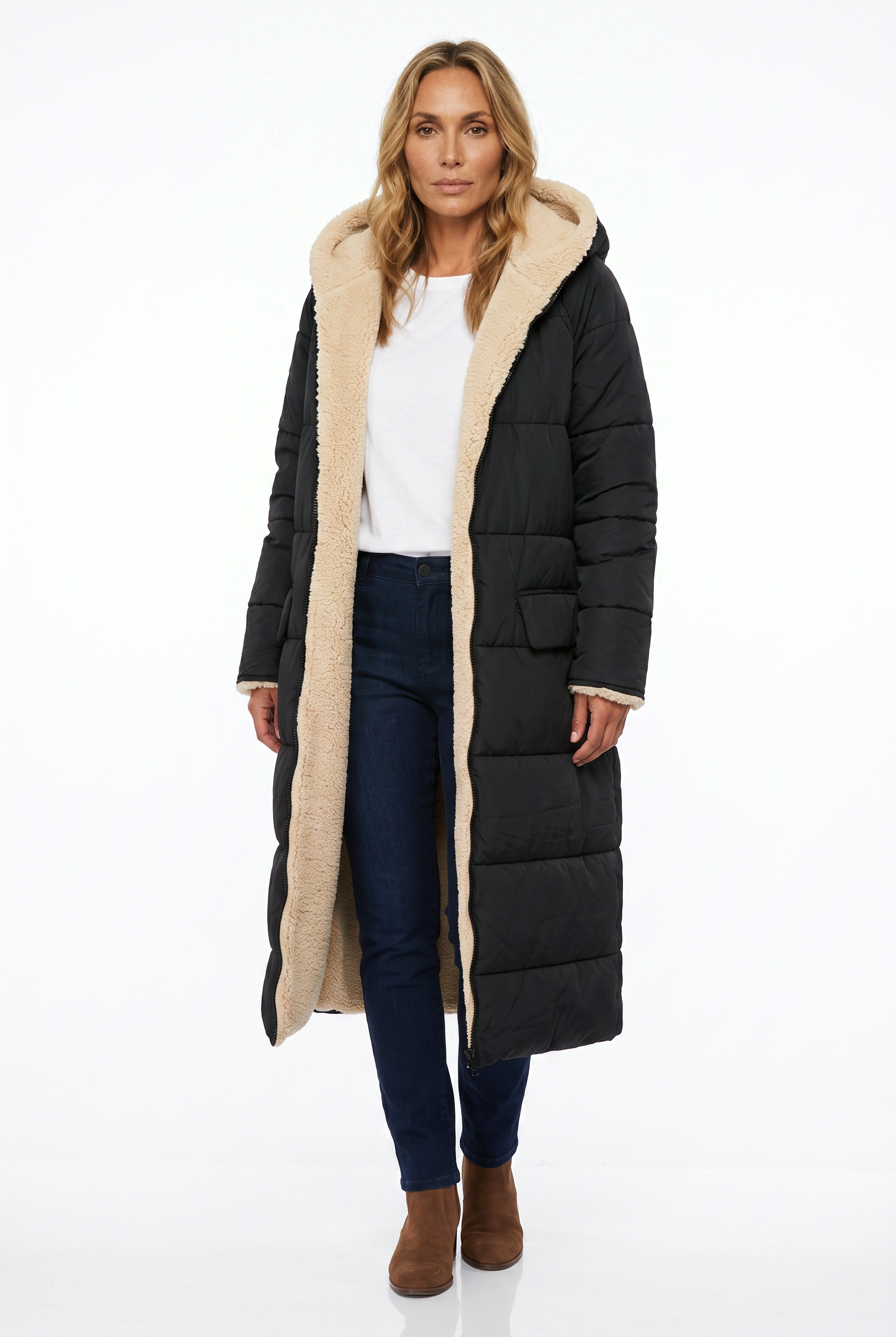 Women's Longline Sherpa-Lined Puffer Coat with Hood
