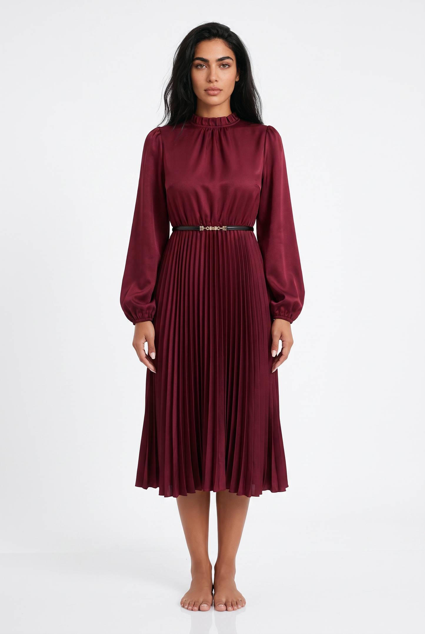 Women's Pleated Midi Dress – High Neck Long Sleeve