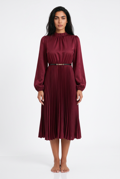 Women's Pleated Midi Dress – High Neck Long Sleeve