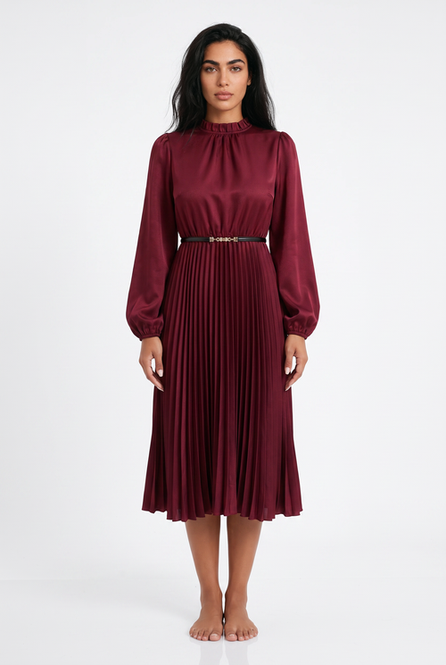 Women's Pleated Midi Dress – High Neck Long Sleeve
