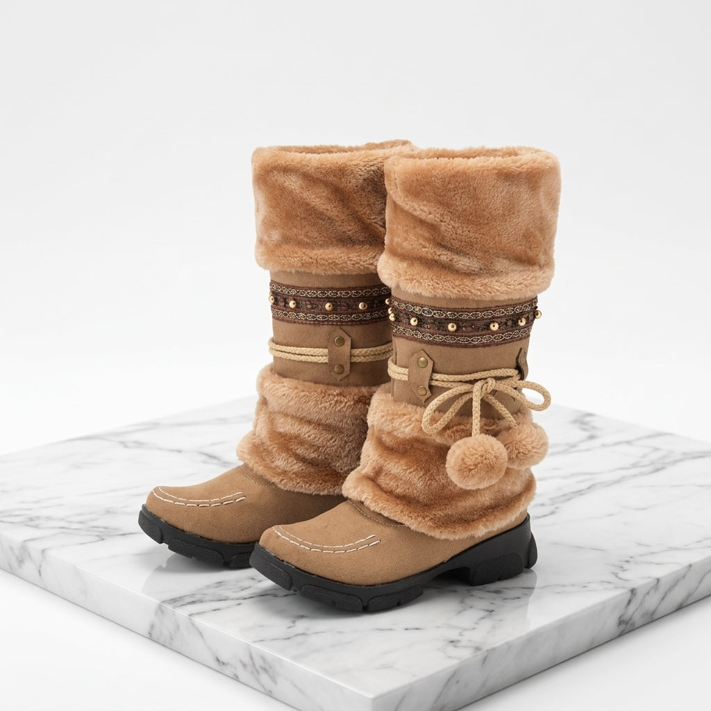 Women's Faux Fur Mid-Calf Winter Boots with Beaded Trim