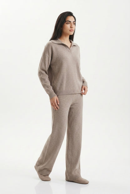Women's Knitted Co-ord Set – Polo Collar & Wide Leg Trousers