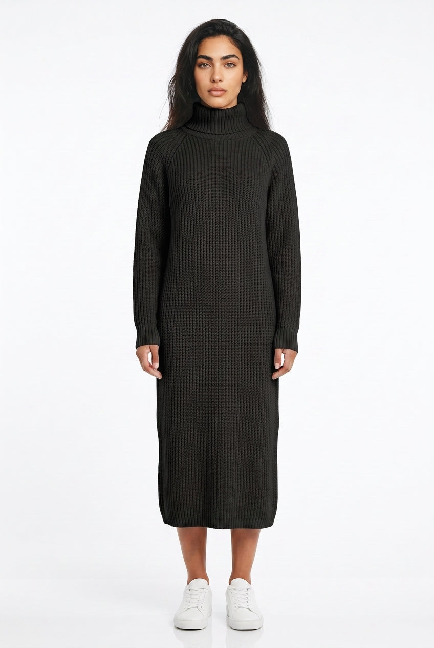 Women's Roll Neck Jumper Dress – Long Sleeve Knitted Midi