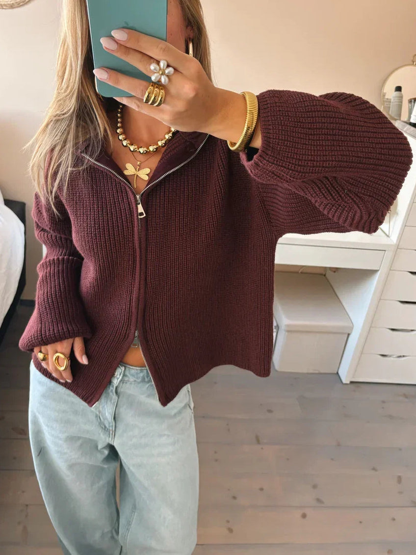 Women's Burgundy Chunky Zip-Up Cardigan – Cropped Knit