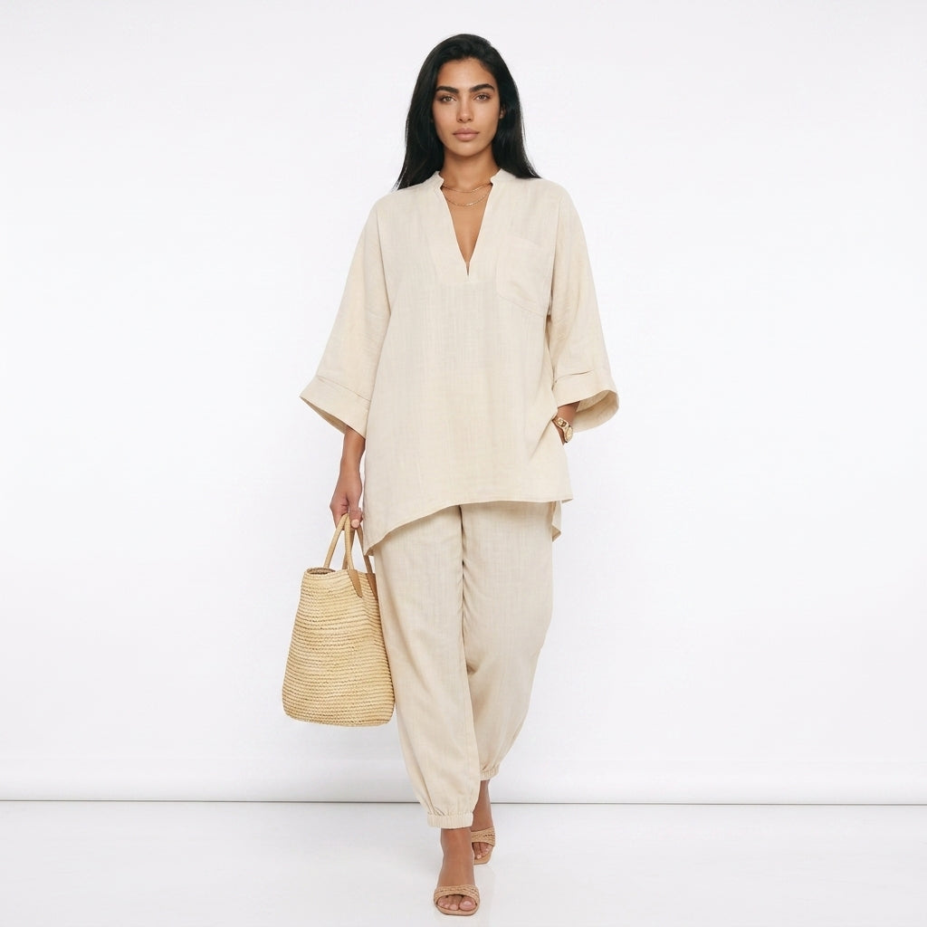 Women's Linen Co-ord Set – Oversized V-Neck Top & Tapered Trousers