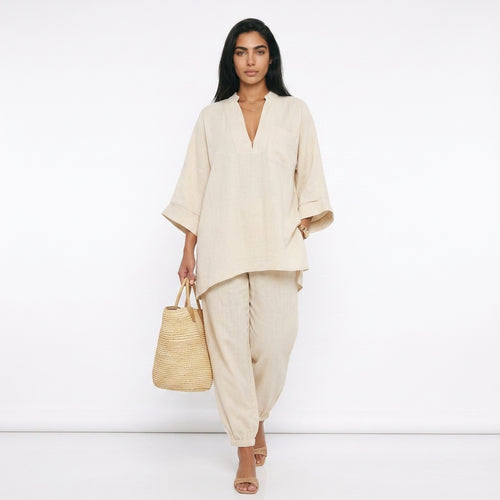 Women's Linen Co-ord Set – Oversized V-Neck Top & Tapered Trousers
