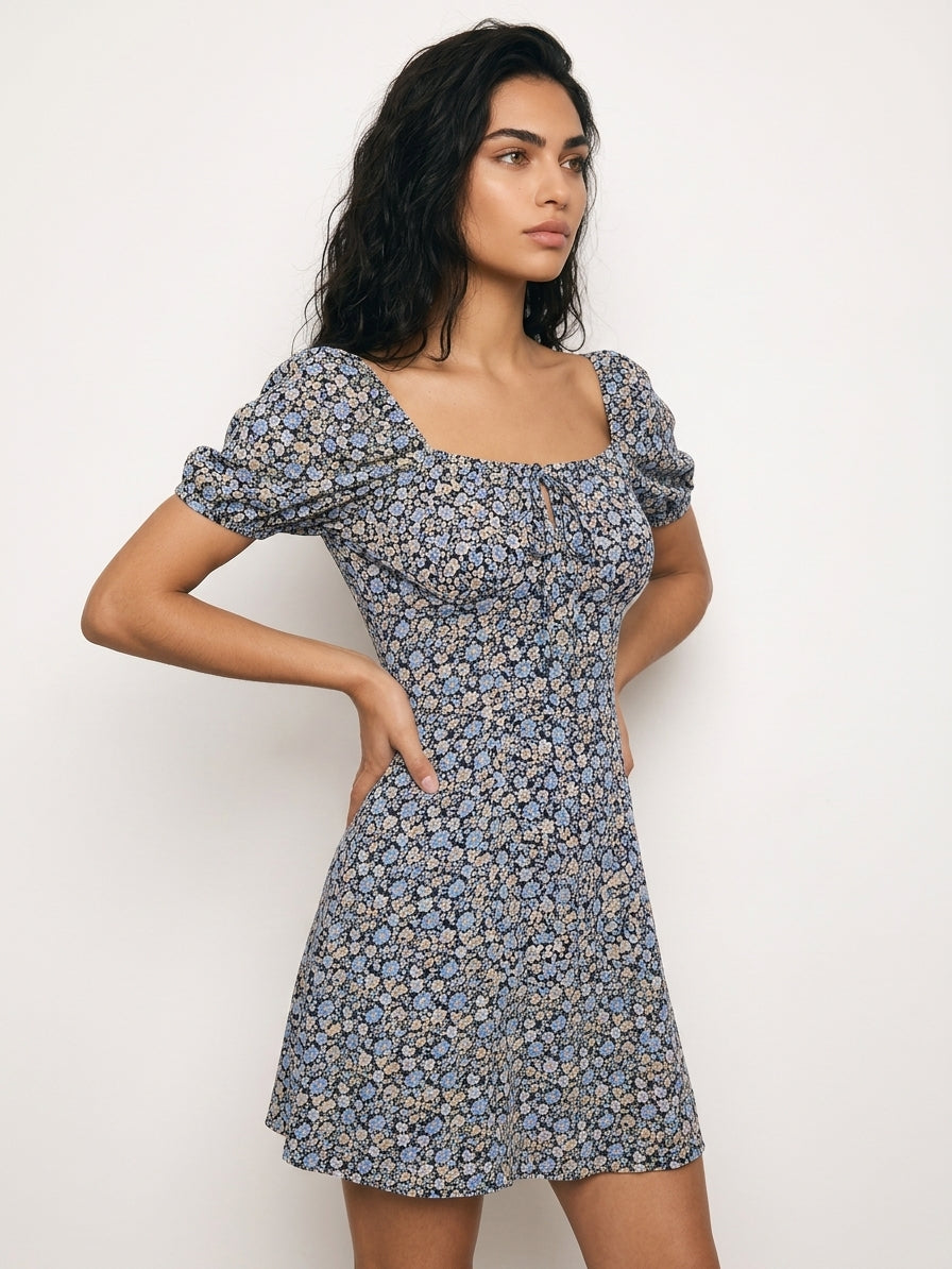Women's Ditsy Floral Mini Dress – Square Neck Puff Sleeve
