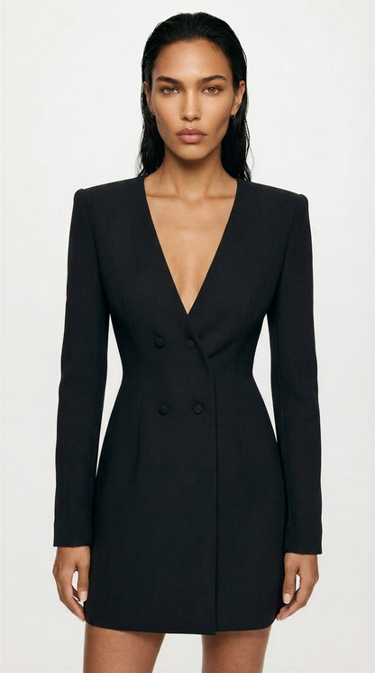 Women's Blazer Mini Dress – Double-Breasted V-Neck Occasion Dress