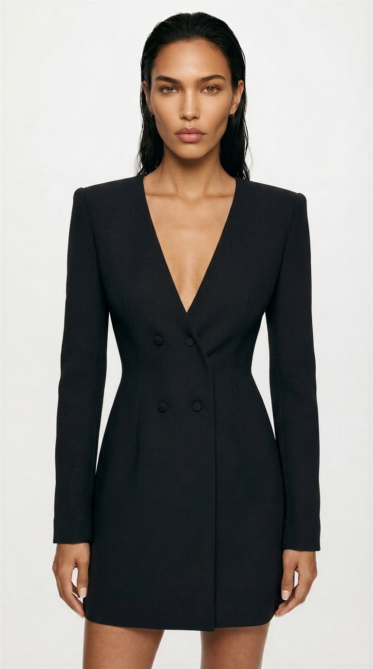 Women's Blazer Mini Dress – Double-Breasted V-Neck Occasion Dress