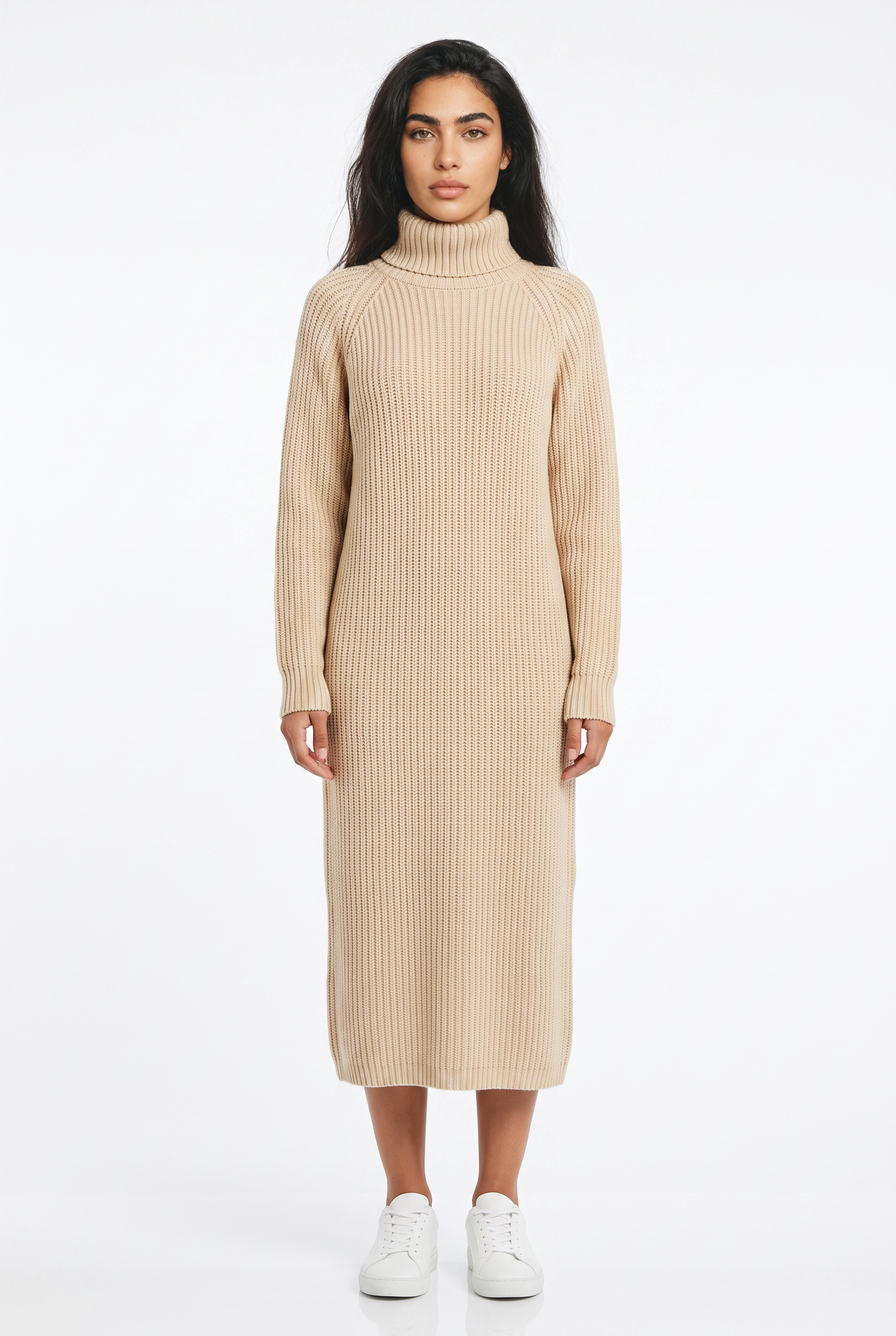 Women's Roll Neck Jumper Dress – Long Sleeve Knitted Midi