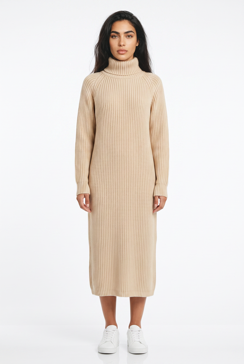 Women's Roll Neck Jumper Dress – Long Sleeve Knitted Midi