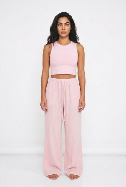 Women's Wide Leg Linen-Look Trousers – Elasticated Waist Relaxed Fit