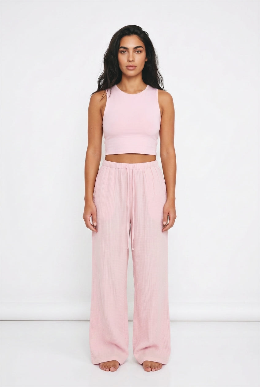 Women's Wide Leg Linen-Look Trousers – Elasticated Waist Relaxed Fit