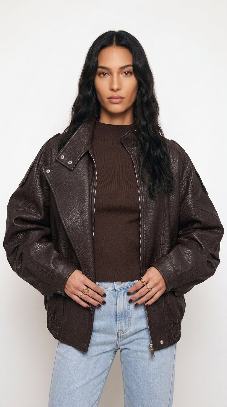 Brown Oversized Leather Bomber Jacket Women | Faux Leather Collar