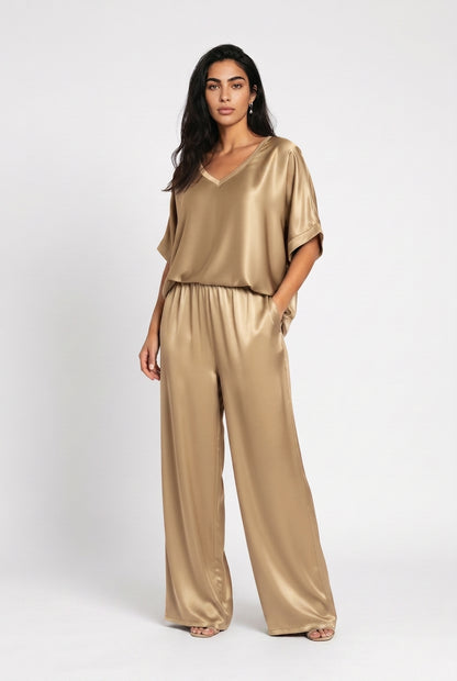 Women's Satin Co-ord Set – V-Neck Top & Wide Leg Trousers