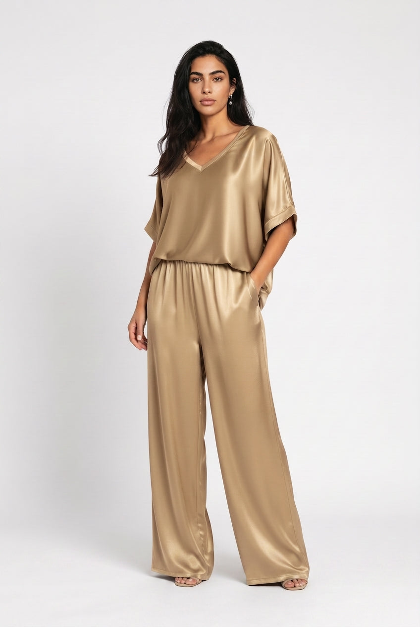 Women's Satin Co-ord Set – V-Neck Top & Wide Leg Trousers
