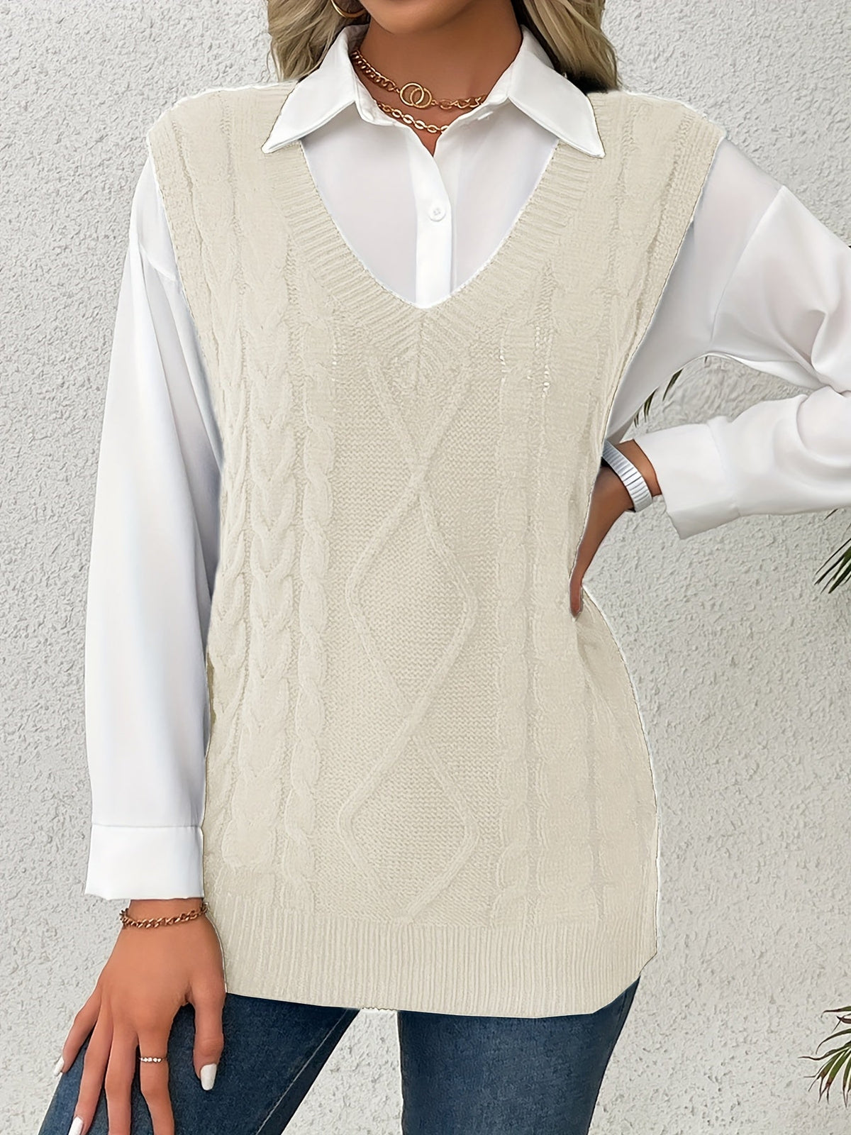Women's Cable Knit V-Neck Jumper Vest, Preppy Layering Piece