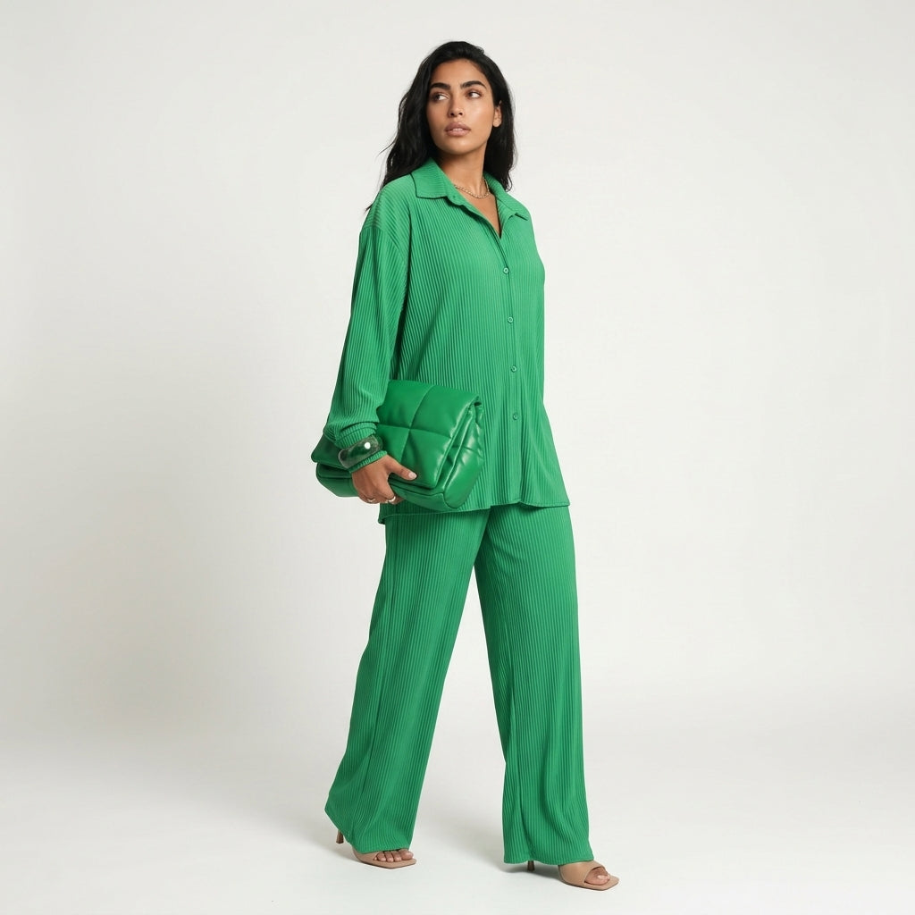 Women's Plisse Co-ord Set – Oversized Shirt & Wide Leg Trousers