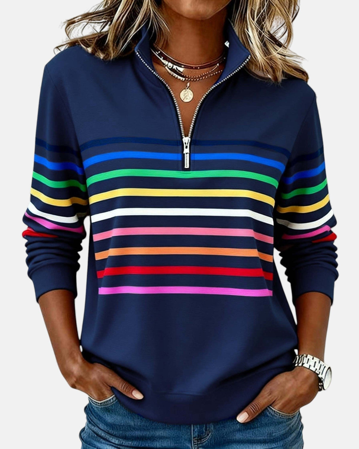 Women's Quarter Zip Jumper – Striped Colour Block Knit