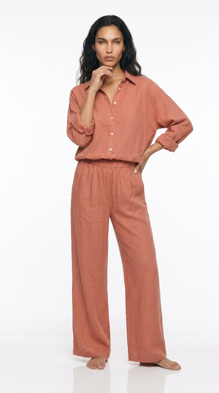 Women's Linen Co-ord Set – Oversized long  Shirt & Wide Leg Trousers
