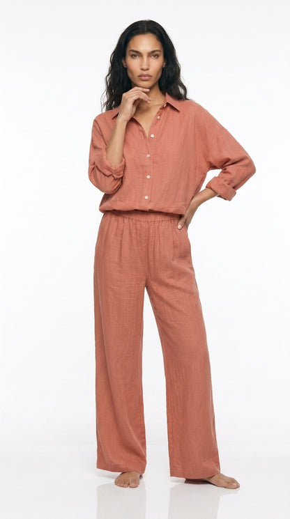 Women's Linen Co-ord Set – Oversized long  Shirt & Wide Leg Trousers