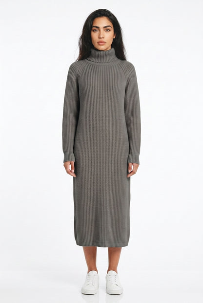 Women's Roll Neck Jumper Dress – Long Sleeve Knitted Midi