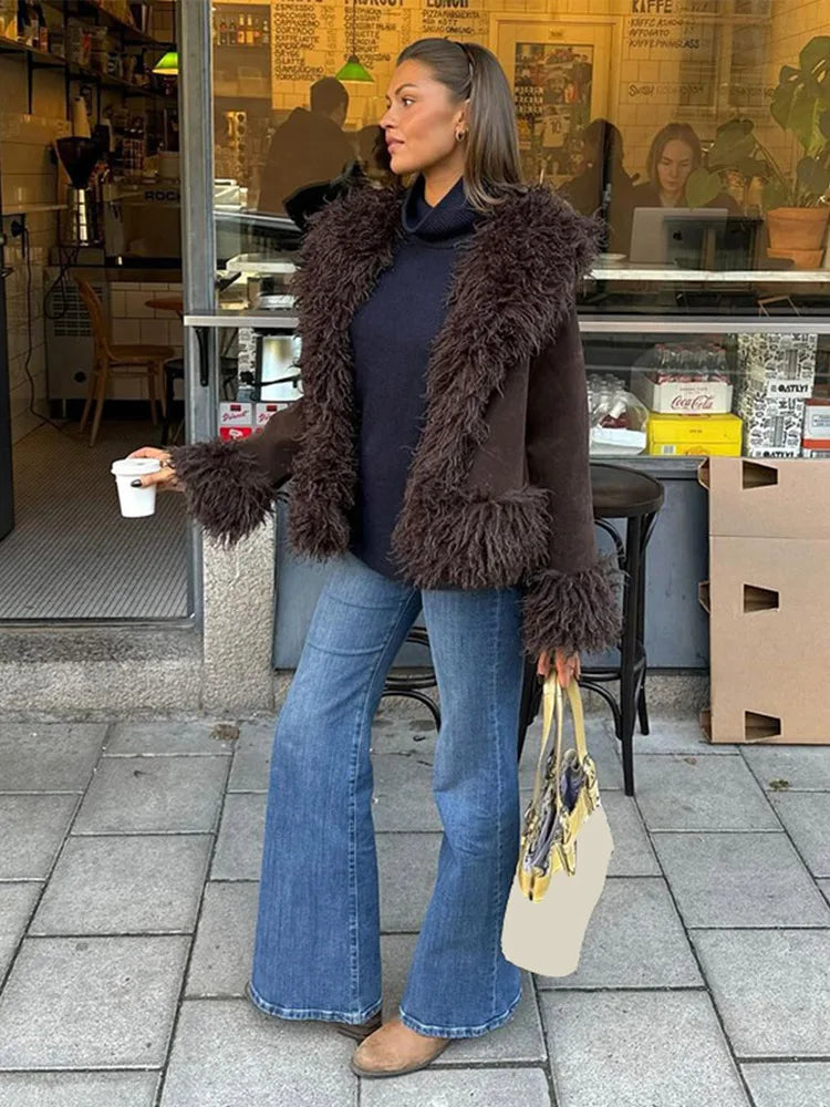 Women's Brown Faux Fur Jacket – Shaggy Trim Winter Coat