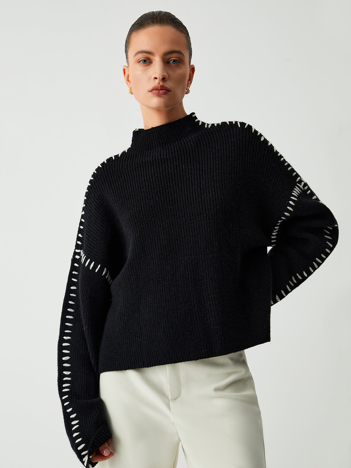 Women's Black Mock Neck Jumper – Whipstitch Oversized Knit