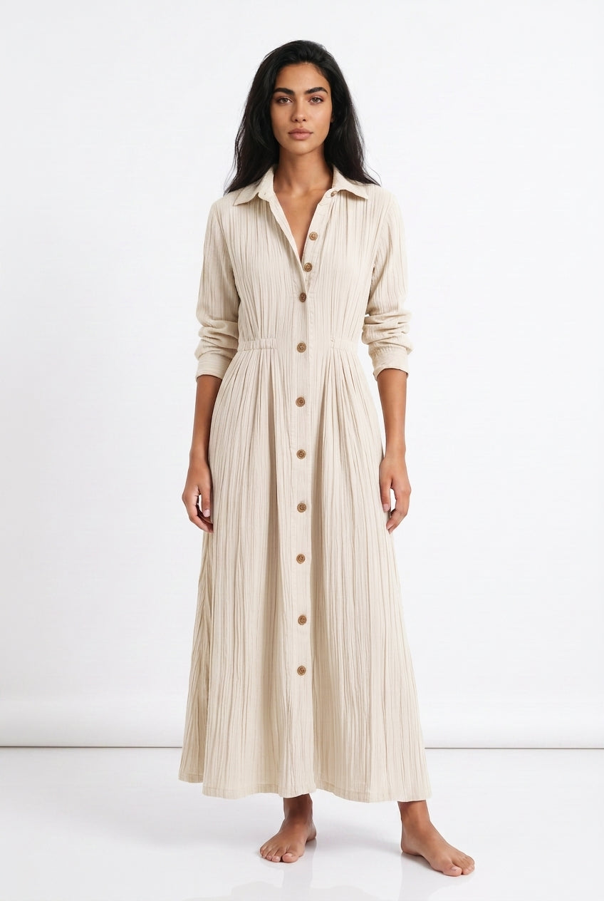 Women's Button-Front Maxi Shirt Dress – A-Line Long Sleeve