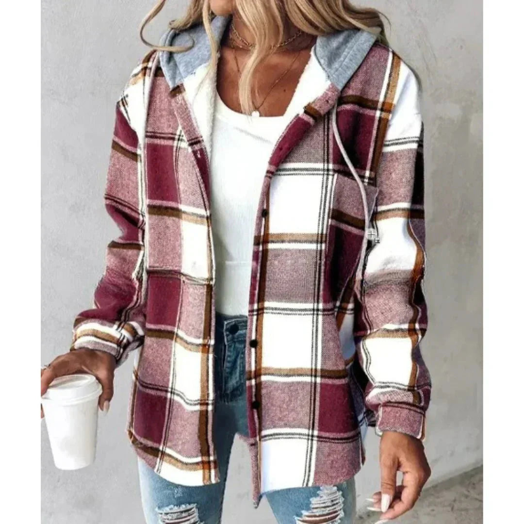 Women's Plaid Hooded Shacket – Sherpa-Lined Jacket – Dark Red