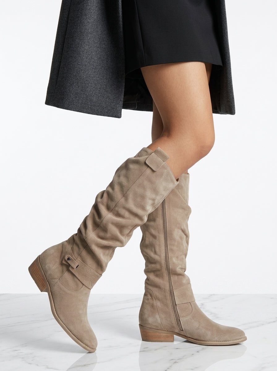 Women's Suede Knee-High Boots – Slouchy Block Heel