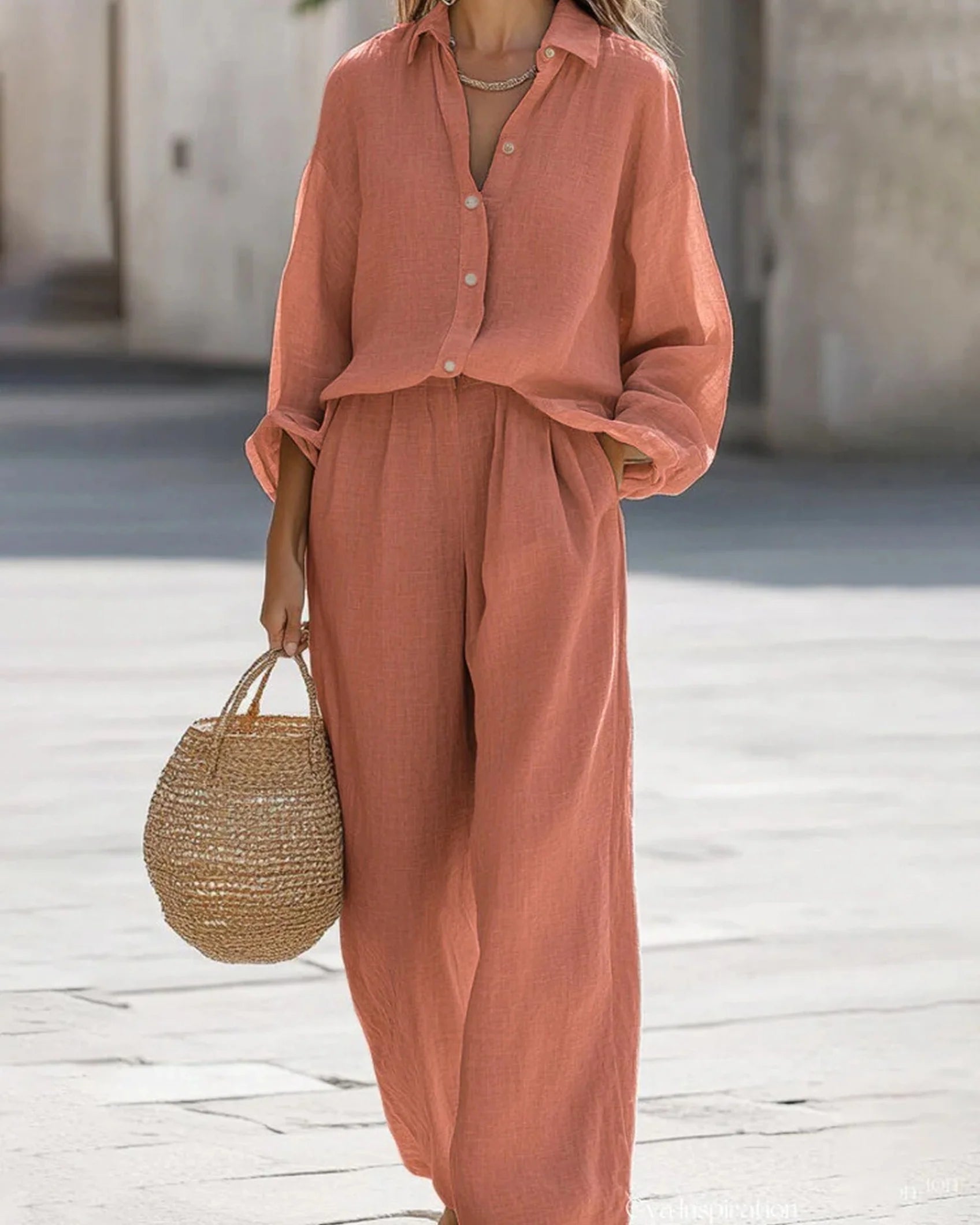 Women's Linen Co-ord Set – Long sleeve Shirt & Wide Leg Trousers
