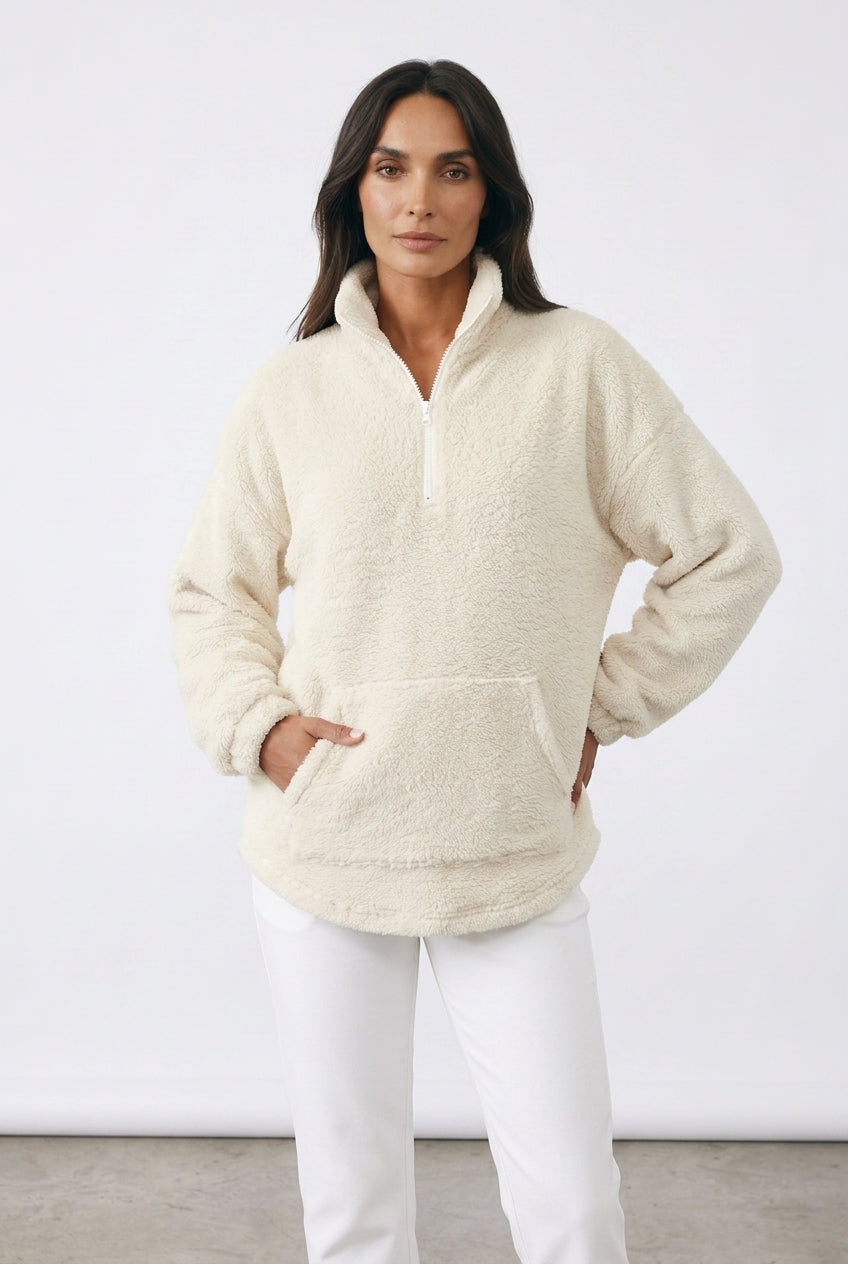 Women's Cream Teddy Fleece Half-Zip – High Neck Pullover