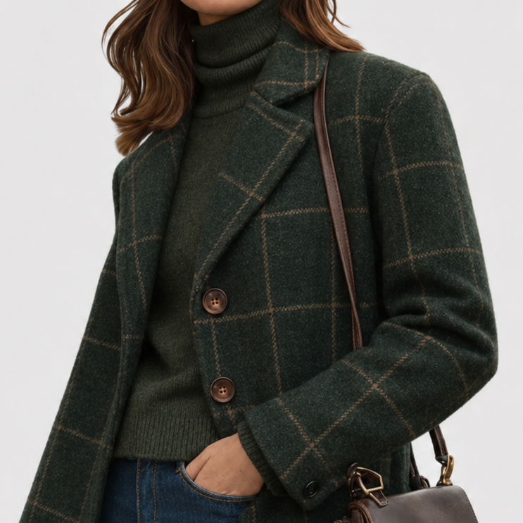 Women's Green Windowpane Check Wool-Blend Overcoat – Tailored Lapel Coat