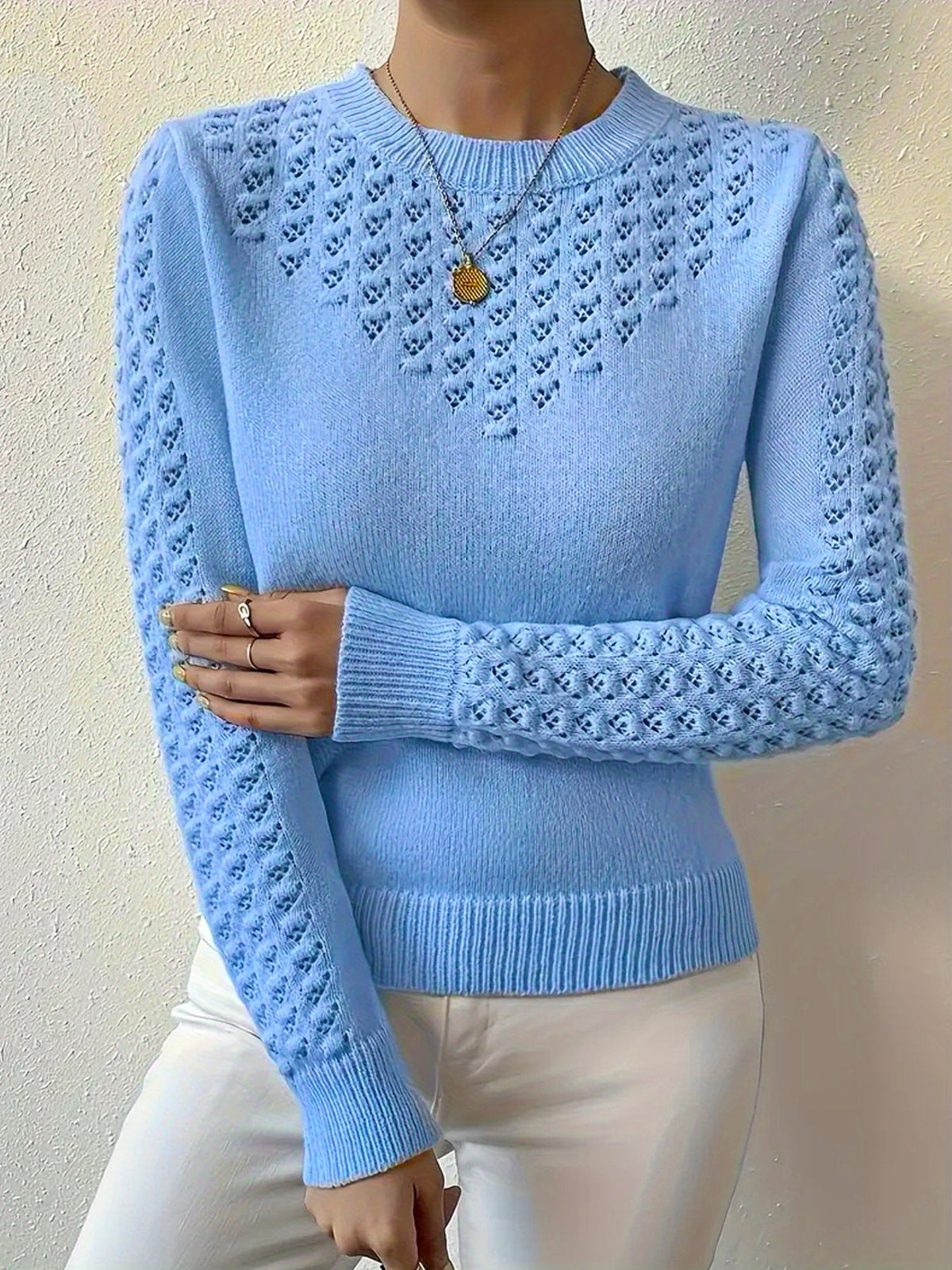 Women's Pointelle Knit Jumper – Crew Neck Sweater