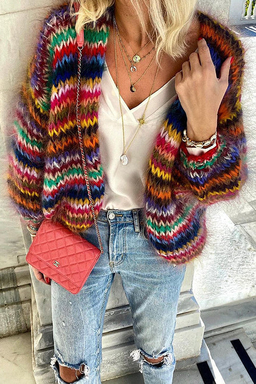 Women's Chunky Stripe Knit Cardigan – Multicolour Open Front