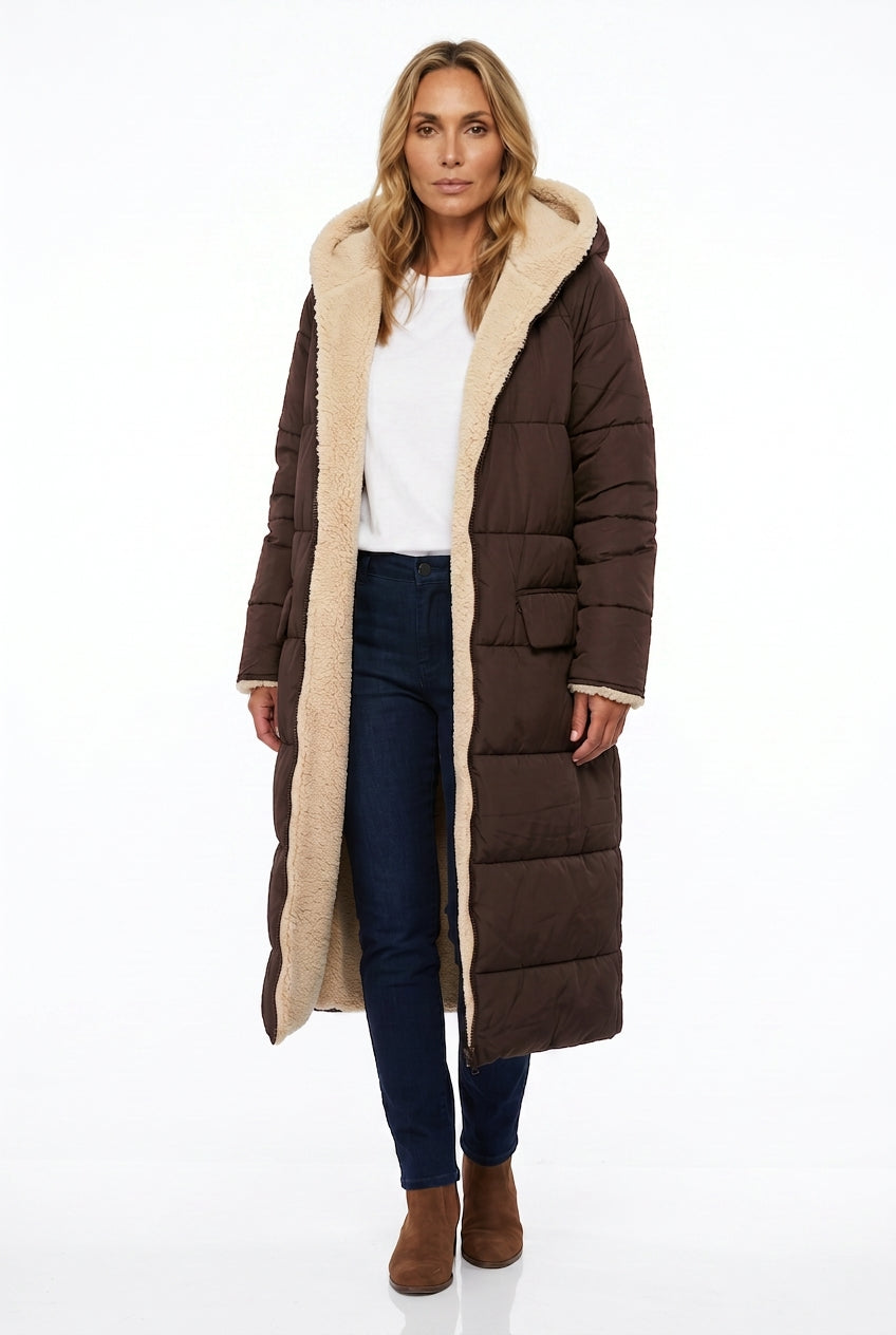 Women's Longline Sherpa-Lined Puffer Coat with Hood