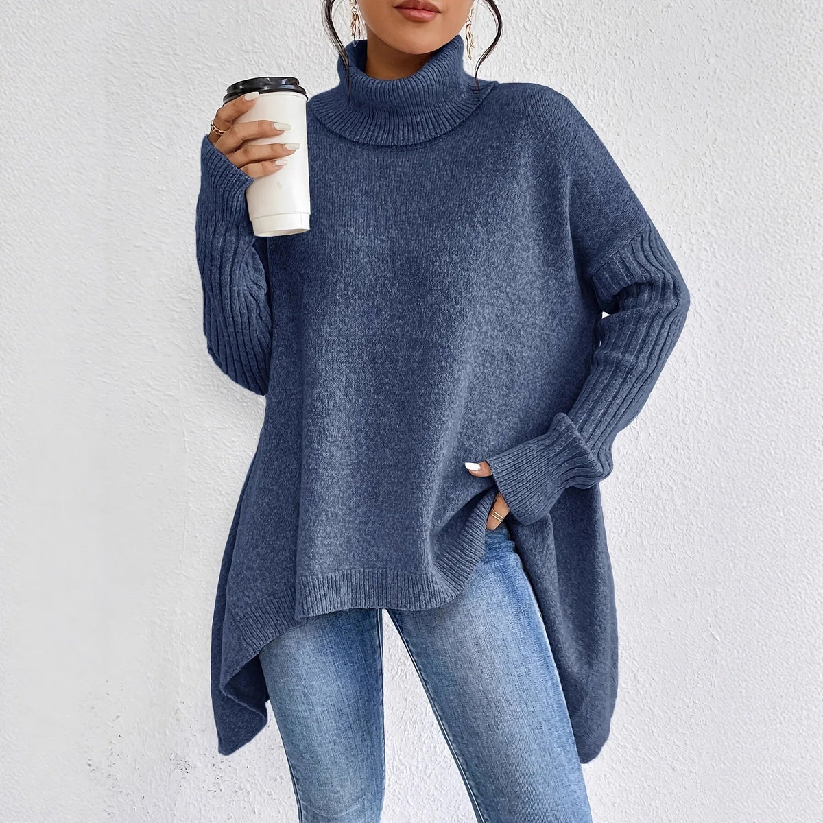 Women's Oversized Knit Turtleneck Jumper – Asymmetric Hem