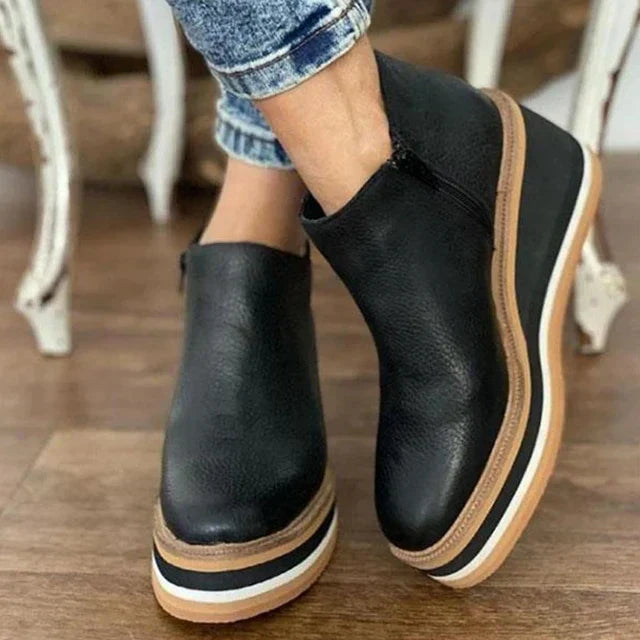 Women's Wedge Platform Ankle Boots - Side Zip – Black