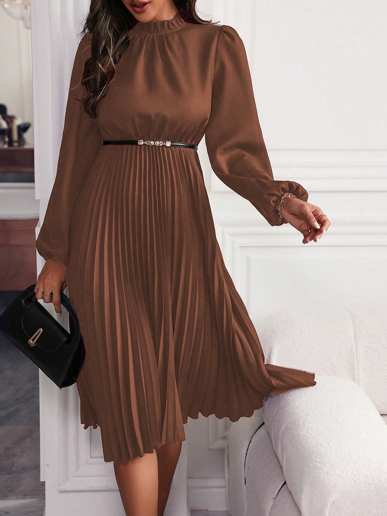 Women's Pleated Midi Dress – High Neck Long Sleeve